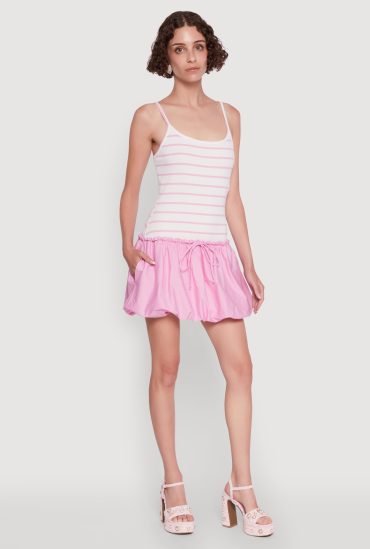 Ribbed Knit Striped Bubble Hem Mini Dress