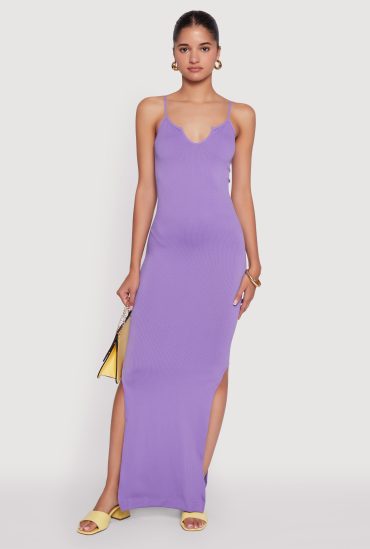 Ribbed Knit Sleeveless Notch Neck Maxi Dress