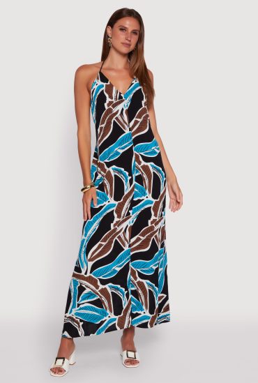 Tropical Leaf Print Rope Strap Halter Maxi Dress