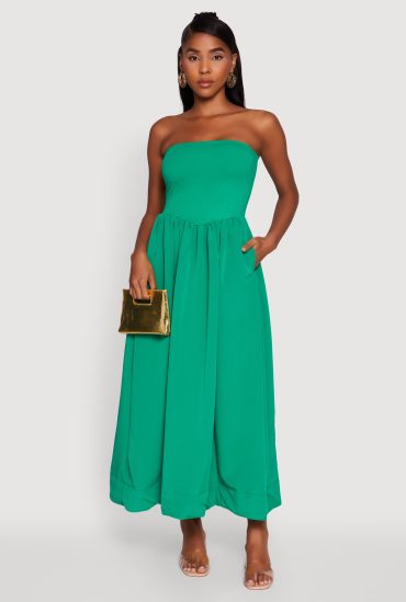Strapless A-Line Maxi Dress with Pockets