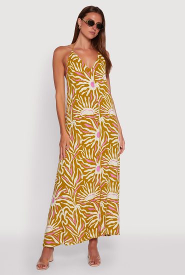 Sun Print Caged Low Back Rope Halter Maxi Dress