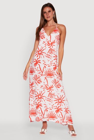 Tropical Print Caged Low Back Rope Halter Maxi Dress
