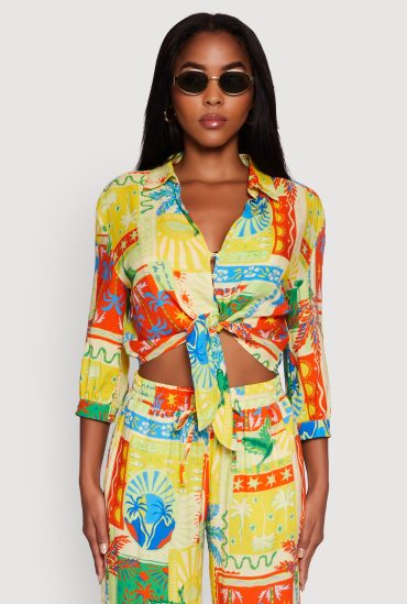 Printed Pattern Tie Front Crop Button Front Blouse