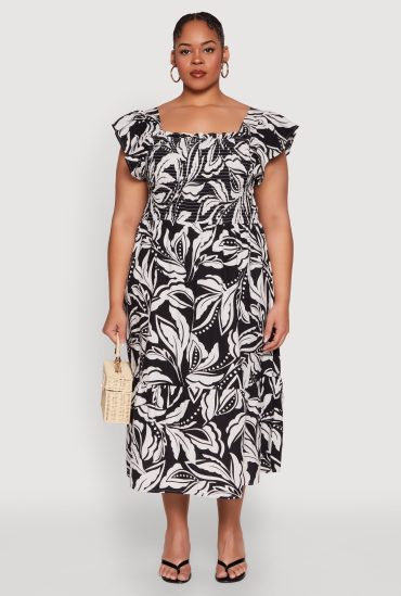 Plus Size Floral Abstract Print Tiered Dress