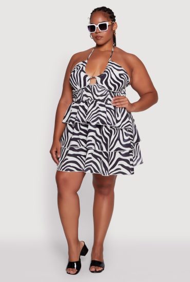 Plus Size Animal Print Tierred Halter Dress