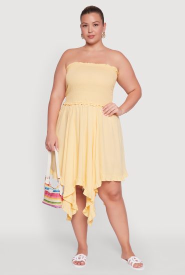 Plus Size Smocked Handkerchief Hem Tube Dress