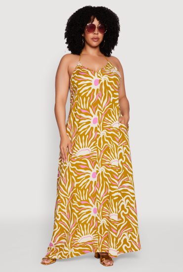 Plus Size Printed Pattern Open Back Maxi Dress