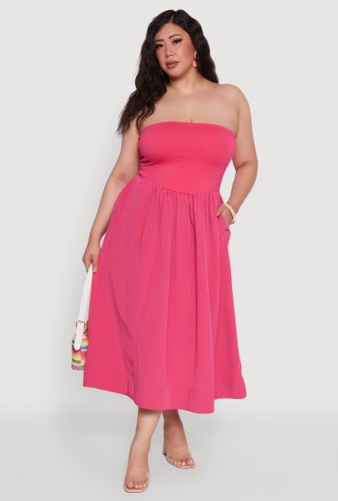 Plus Size Strapless Side Pocket Midi Dress
