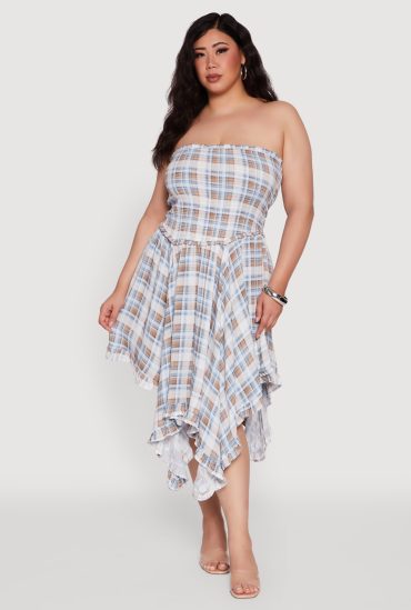Plus Size Plaid Smocked Handkerchief Hem Tube Dress