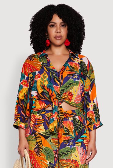 Plus Size Floral Print Tie Button Front Blouse