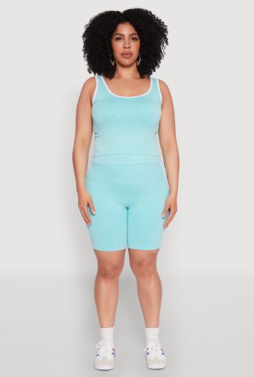 Plus Size Mineral Wash Contrast Trim Biker Shorts