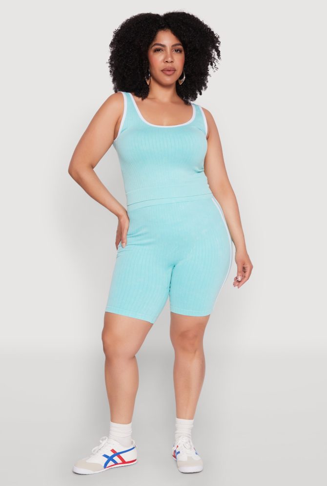 Plus Size Mineral Wash Contrast Trim Biker Shorts - Image 2