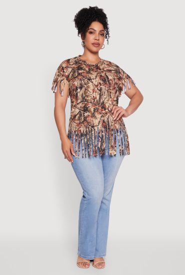 Plus Size Hunter Camo Fringe Hem T-Shirt