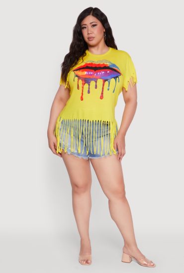 Plus Size Lip Graphic Fringe Hem T-Shirt