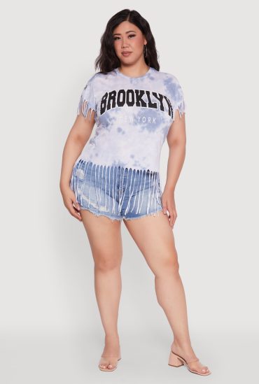 Plus Size Tie Dye Brooklyn Graphic Fringe Hem Tee