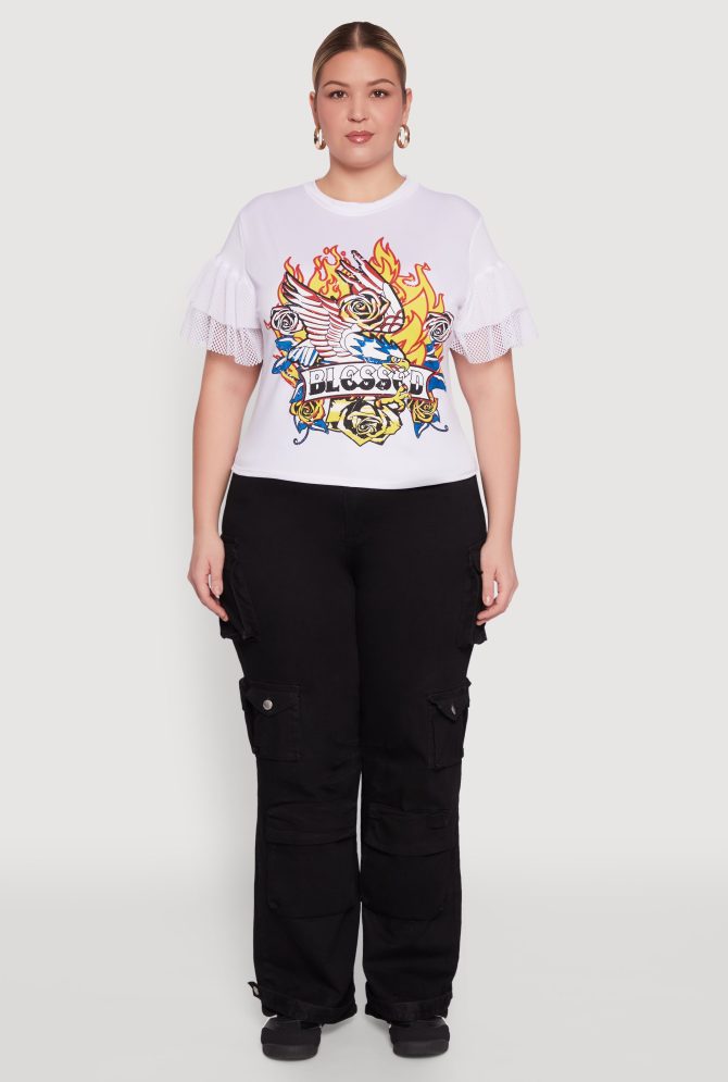 Plus Size Fishnet Sleeve Blessed Eagle Graphic Tee