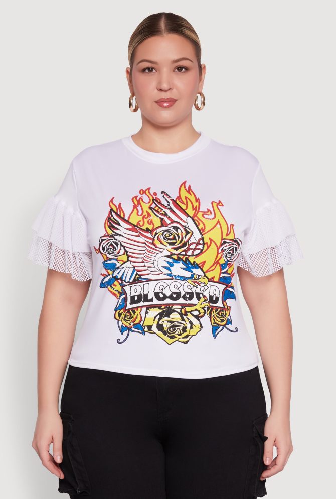 Plus Size Fishnet Sleeve Blessed Eagle Graphic Tee - Image 2