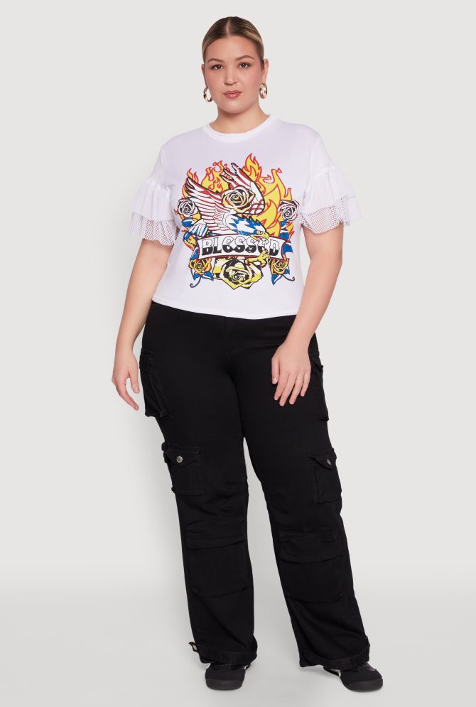 Plus Size Fishnet Sleeve Blessed Eagle Graphic Tee - Image 3