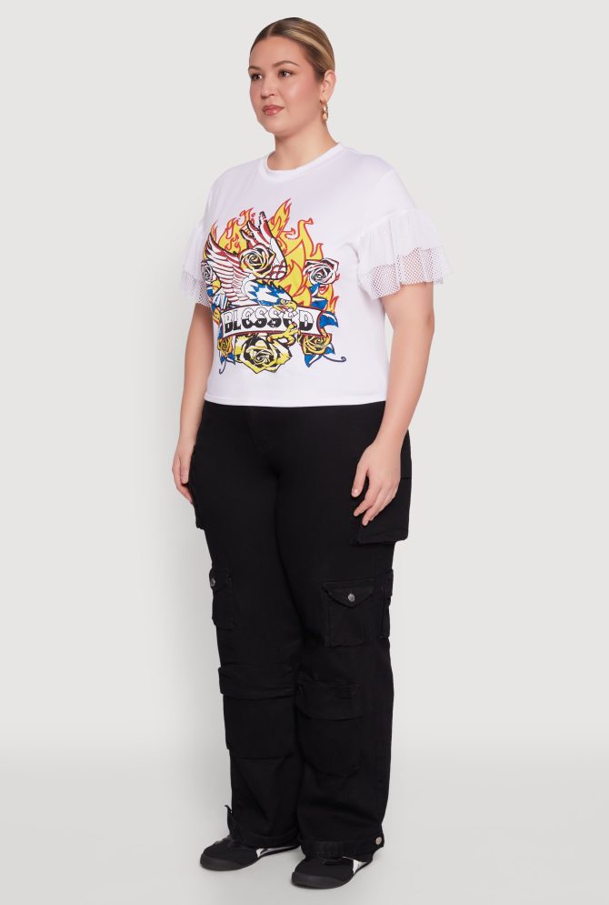 Plus Size Fishnet Sleeve Blessed Eagle Graphic Tee - Image 5