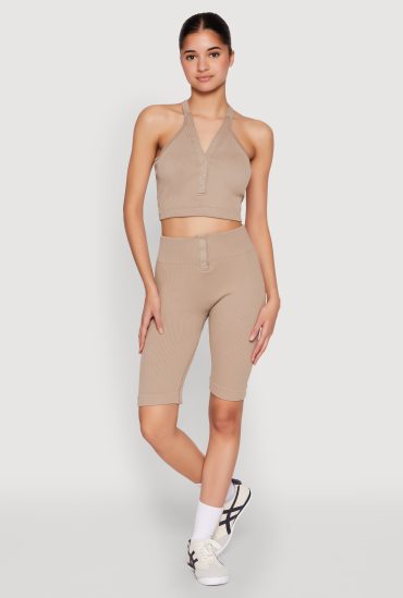 Seamless Ribbed Button Detail Biker Shorts