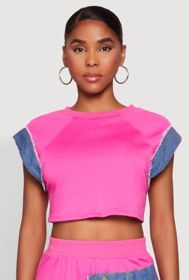 Denim Trim Cap Sleeve Crop Top