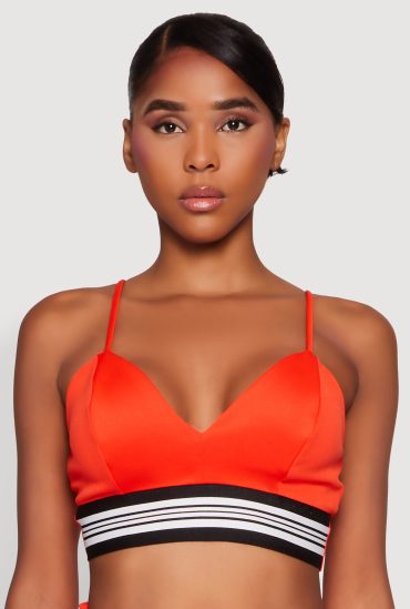 Stylish Sleeveless V-Neck Crop Top with Contrast Trim and Varsity Stripe