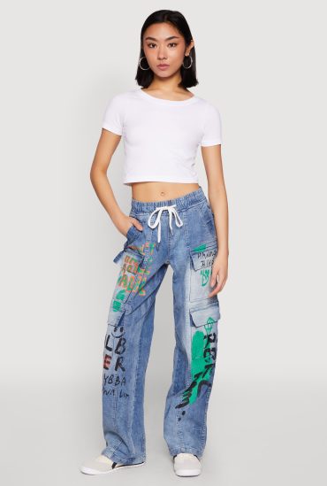 Spoon Jeans Graffiti Print Denim Cargo Pants