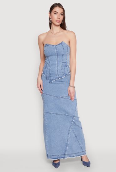 Lace Up Back Strapless Denim Maxi Dress