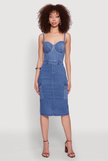 Haute Monde Denim Slit Back Cargo Bustier Dress