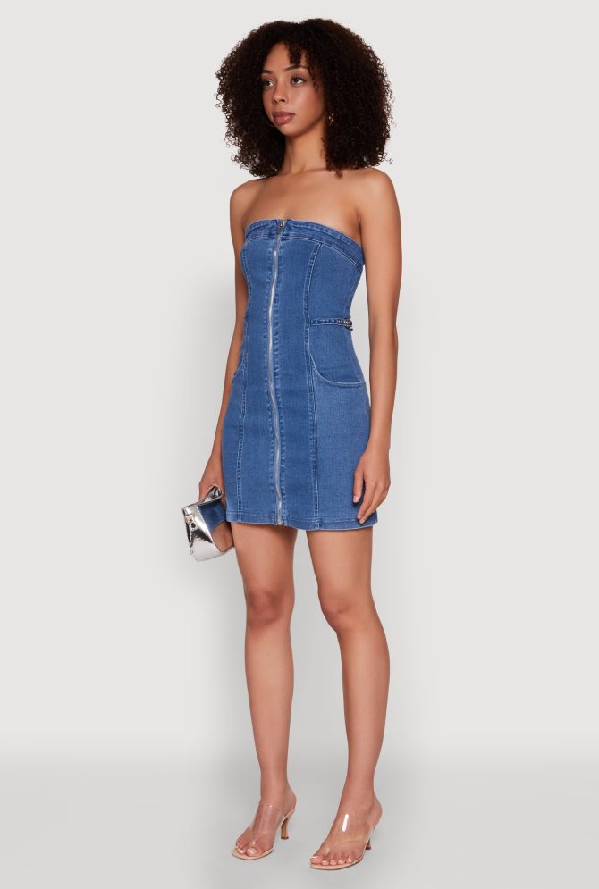Denim Zip Front Mini Tube Dress - Image 3