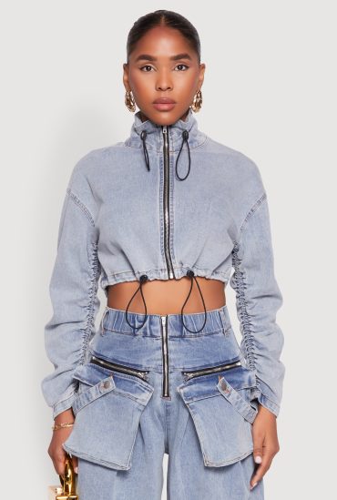 Spoon Jeans Ruched Zip Front Cropped Denim Jacket