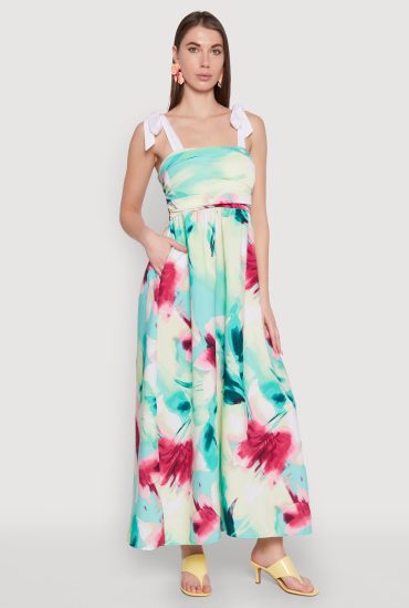 Tie Strap Smocked Floral Print Dress