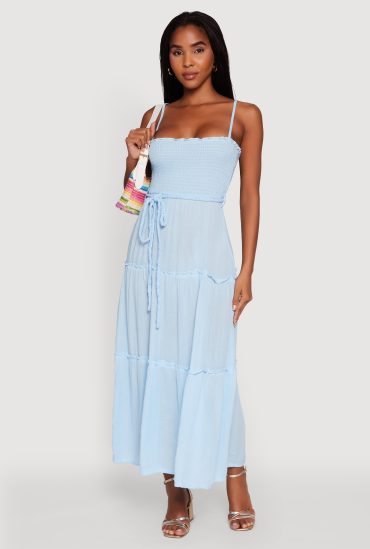 Tiered A-Line Maxi Dress with Tie Waist Belt