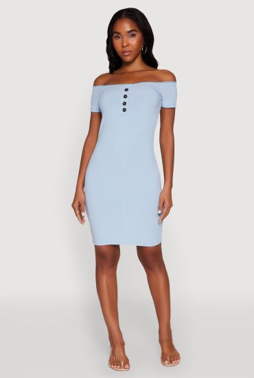 Rib Knit Faux Button Off Shoulder Bodycon Dress