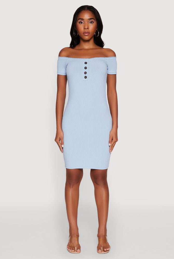 Rib Knit Faux Button Off Shoulder Bodycon Dress - Image 2