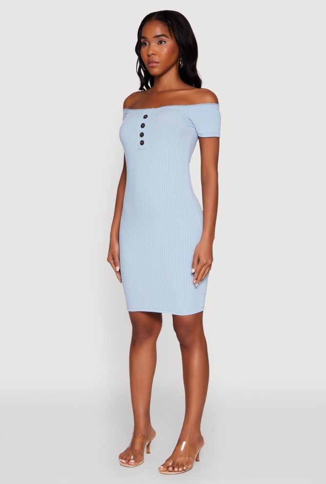 Rib Knit Faux Button Off Shoulder Bodycon Dress - Image 3