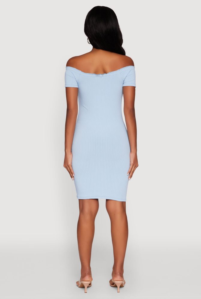 Rib Knit Faux Button Off Shoulder Bodycon Dress - Image 5