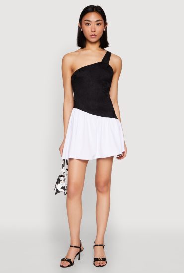 One Shoulder Asymmetrical Color Block Mini Dress