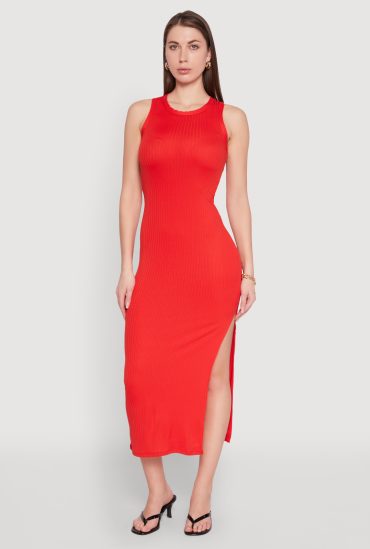 Ribbed Knit Side Slit Maxi Tank Dress