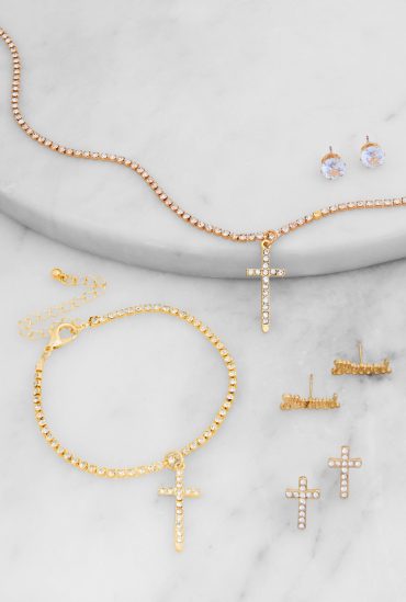 Rhinestone Cross Necklace with Bracelet and Stud Earrings