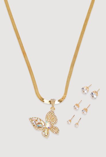 Cubic Zirconia Butterfly Necklace and Stud Earrings