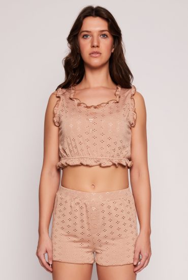 Eyelet Ruffled Pajama Crop Top and Shorts