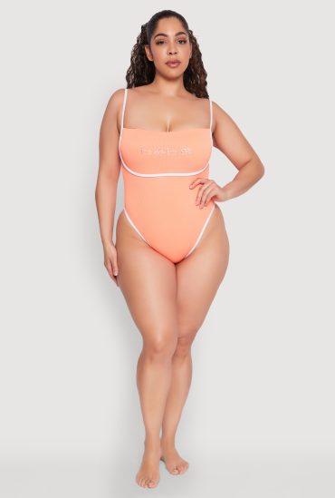 Plus Size Bebe Rhinestone Tie Back One Piece Swimsuit