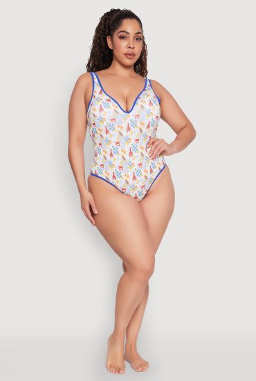 Plus Size Tropical Crab Papaya Print One Piece Swimsuit
