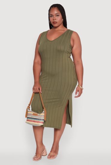 Plus Size Ribbed Knit Scoop Neck Sleeveless Midi Dress