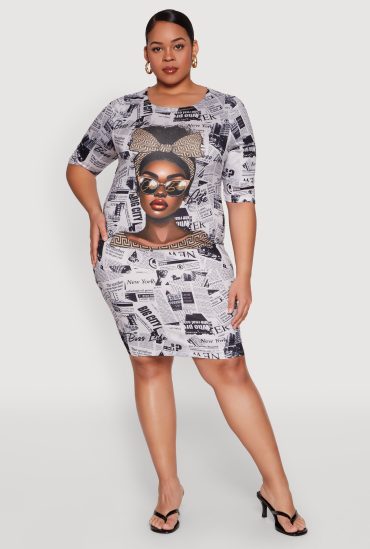Plus Size Girl Boss Newspaper Print T Shirt Dress