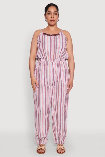 Plus Size Striped Wood Beaded Trim Jumpsuit
