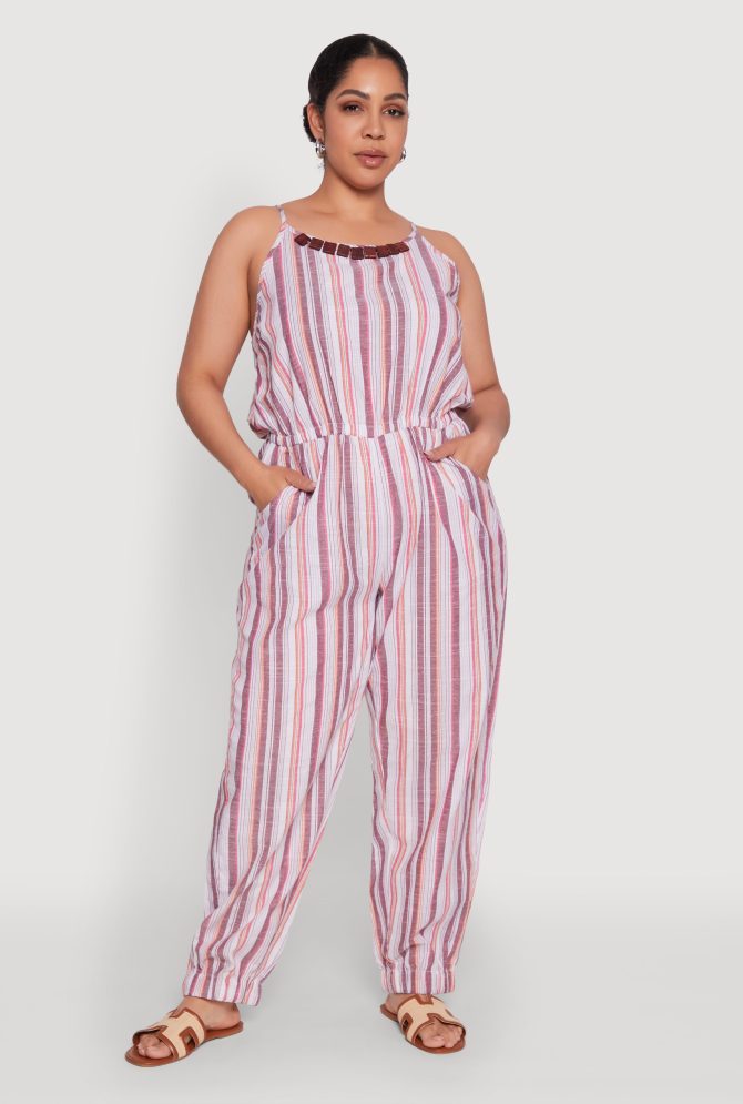 Plus Size Striped Wood Beaded Trim Jumpsuit - Image 2