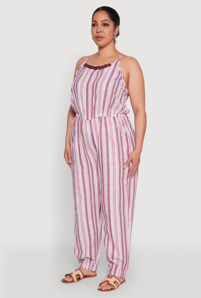 Plus Size Striped Wood Beaded Trim Jumpsuit - Image 3