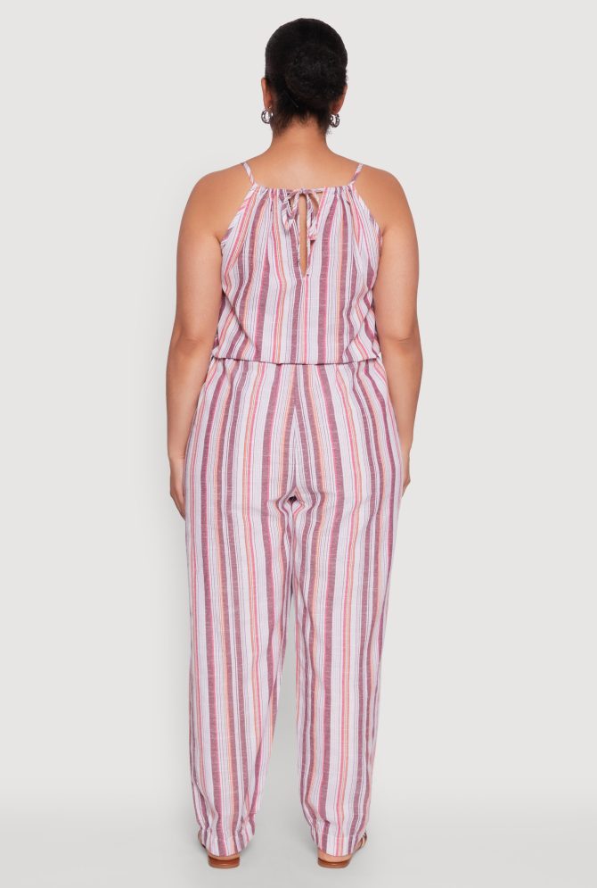 Plus Size Striped Wood Beaded Trim Jumpsuit - Image 5